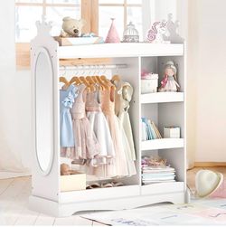 Curipeer Kids Dress up Storage with Mirror, Kids Wardrobe with 3 Hooks, Kids Closet for Girls Boys, Open Hanging Armoire Costume Organizer for Bedroom