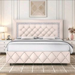 Queen Size Bed Frame, Upholstered Bed Frame With Diamond Headboard And Footboard,  Beige