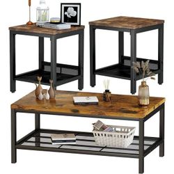 Storage 3 Piece Modern Living Room Wooden Industrial Coffee Table Set，Brown