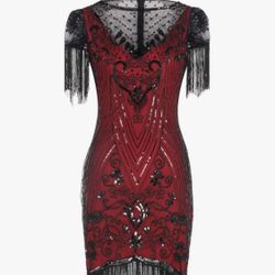 FAIRY COUPLE Women's 1920s Lace Collar Dress, Great Gatsby Sequin Cocktail Dress, Art Deco Fringe Dress with Sleeves