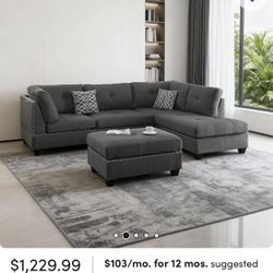 FREE DELIVERY NO DEPOSIT Way fair Brand New Studded  Sectional W/Reversible Chase And Ottoman 