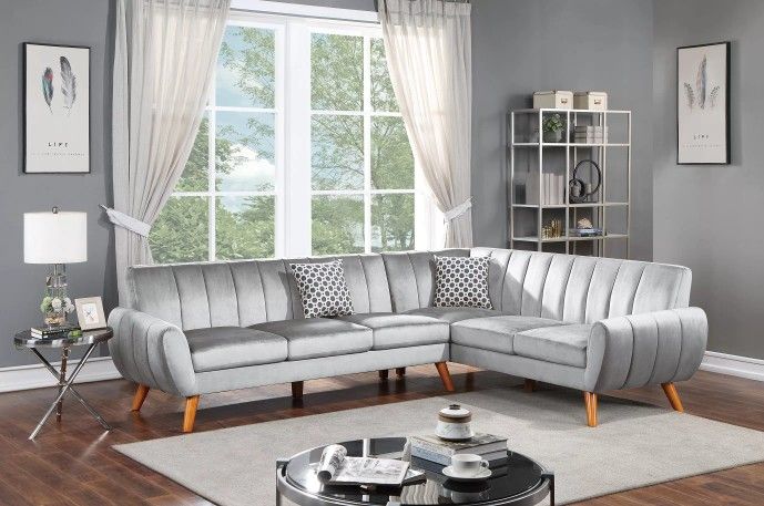 Brand New Grey Velvet Retro Style Sectional Sofa