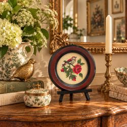 Small Vintage Flower Cross Stitch Framed Needlepoint Romantic Grandmillennial Chic Rose Motif Gallery Wall Accents Cute Small Grandma Decor Collectibl