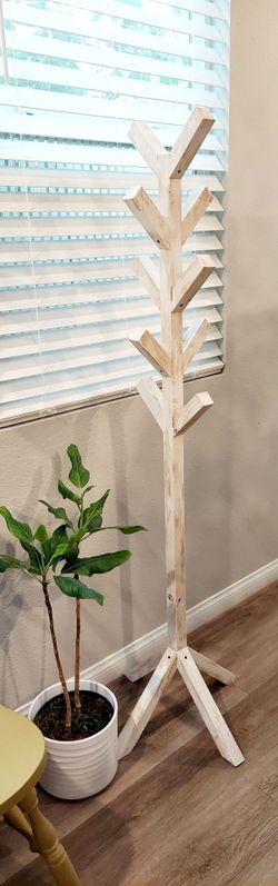 🌱10 Hooks Solid Wood Coat/Hat/Bag Rack Stand ::: 65"H X 20"W X 20"D ::: Distressed White
