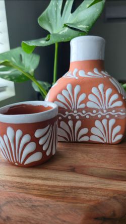 Handcrafted Mexican Terracotta Bedside Carafe  - Clay Decanter & Cup ($20)
