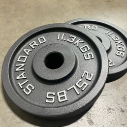 Brand New Pair of 25lbs machined cast iron Olympic weight plates 25lbs pair total 50lbs  New in Box. Wholesale. Warehouse sale.   The Standard Barbell