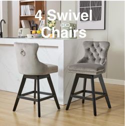 NEW Set of 4 Swivel Velvet Bar Stools with Button Tufted Back Wooden Legs Nailhead Trim (Grey)