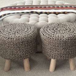 Set of 2 Taupe Wool Ottoman Stools with Wood Legs