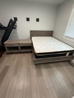Crate and barrel Tate Stone queen bed frame, matching night stands and mattress