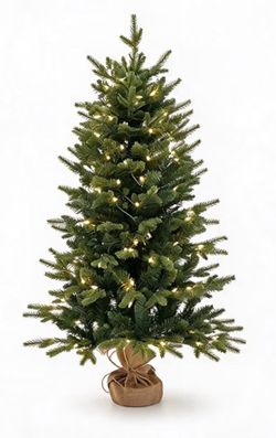 3 FT Pre-Lit Christmas Tree with Burlap and Cement Planter Base, Lights PE and PVC Tips, Farmhouse Tabletop Tree for Mantel Entryway Holiday Decor 562