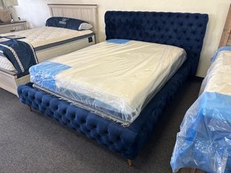 Navy Blue Velvet Tufted Upholstered Bed Frame