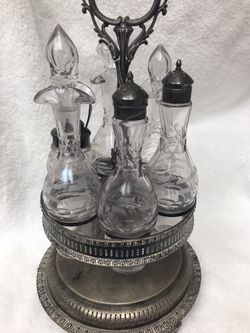 Antique 1800's Silver Plate Cruet Condiment Set Etched Bottles