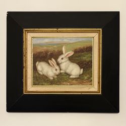 Framed Oil Painting of White Bunnies