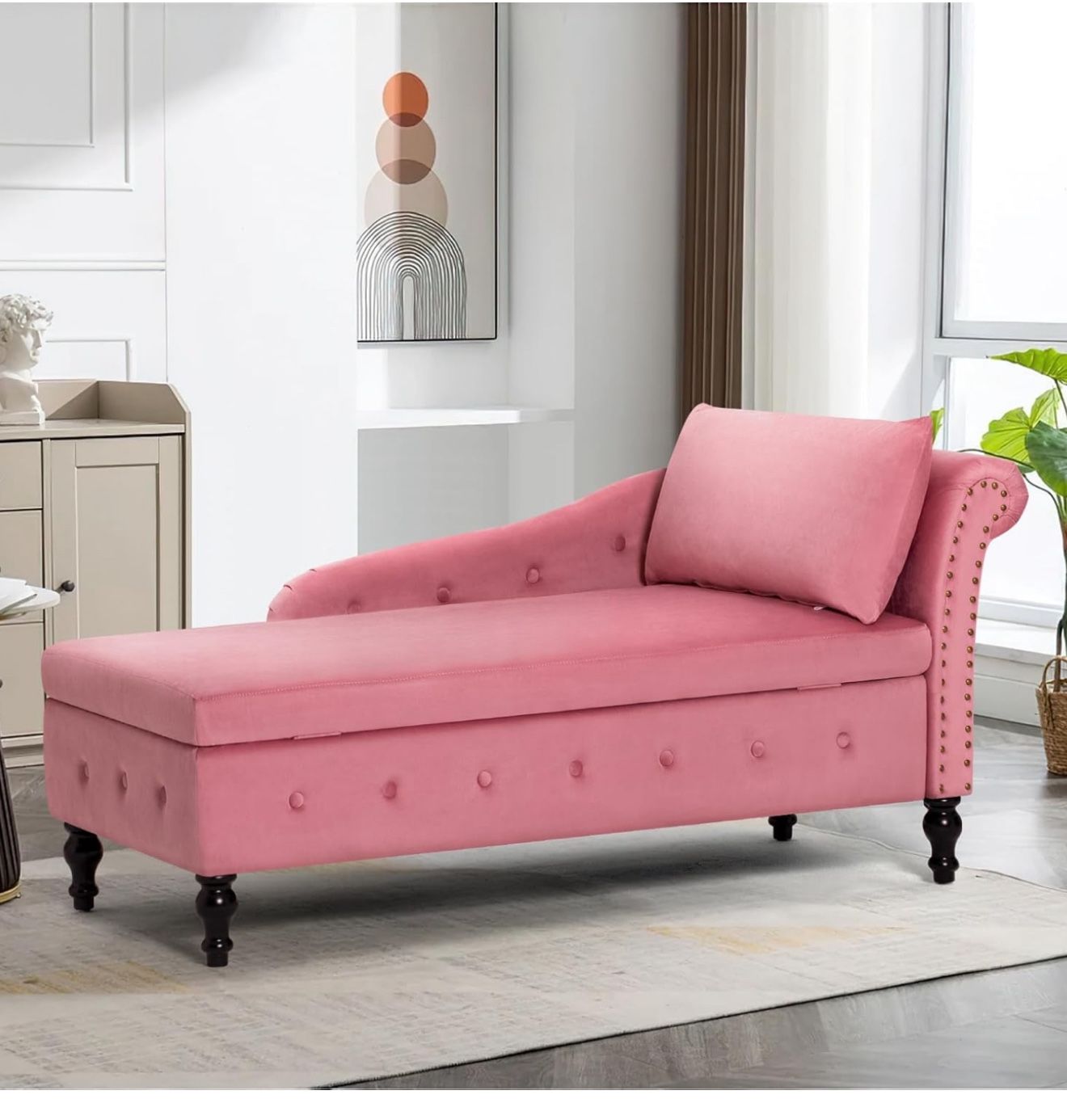 Upholstered Chaise Lounge with Right Armrest & Lumbar Pillow,Button Tufted Lounge Sofa with Storage,Lounge Chair Indoor,Modern Velvet Lounge Chair for