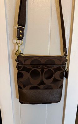 Coach Brown Signature Logo Small Crossbody Bag Adjustable Strap Zip Top