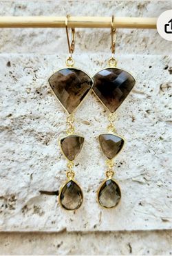 Smoky Quartz Gemstone Earrings Gold, Long Brown Earrings, Lever Back Earrings.