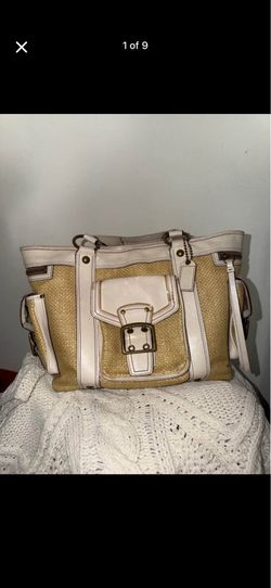 2005 VINTAGE Coach Legacy Natural Woven Straw and White Leather Shoulder Handbag