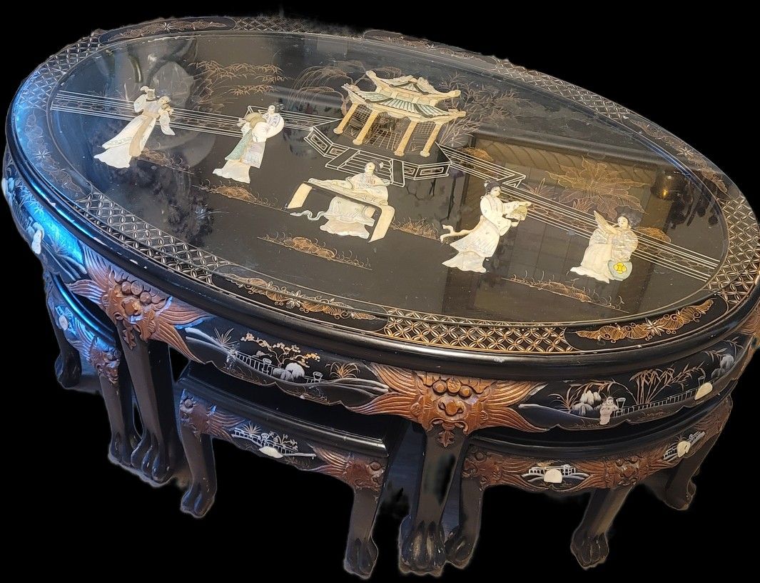 Black Lacquer Mother of Pearl Oval Coffee Table Set.