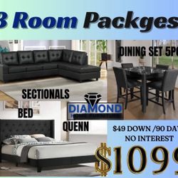 NEW 3 ROOM PACKAGE DEAL- BED MATTRESS DINING ROOM SECTIONAL SOFA AND SPECIAL FINANCING 