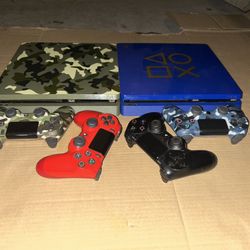 2 PS4’s(Camo Green1T) (Ps4 Blue Limited edition 1T)And 4 Controllers  