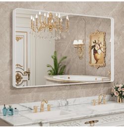 White Metal Framed Bathroom Mirror for Wall, Vanity Mirror Farmhouse, tempered glass