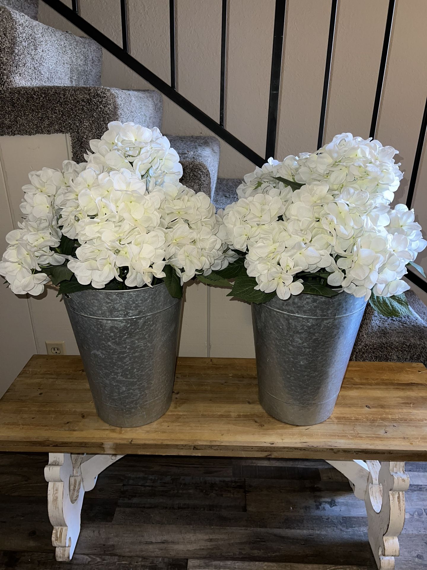 2 Rustic Metal Vases With White Hydrangea  Flowers