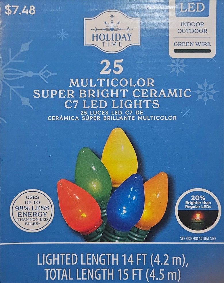 25 multicolor super bright ceramic c7 LED lights

15 ft length