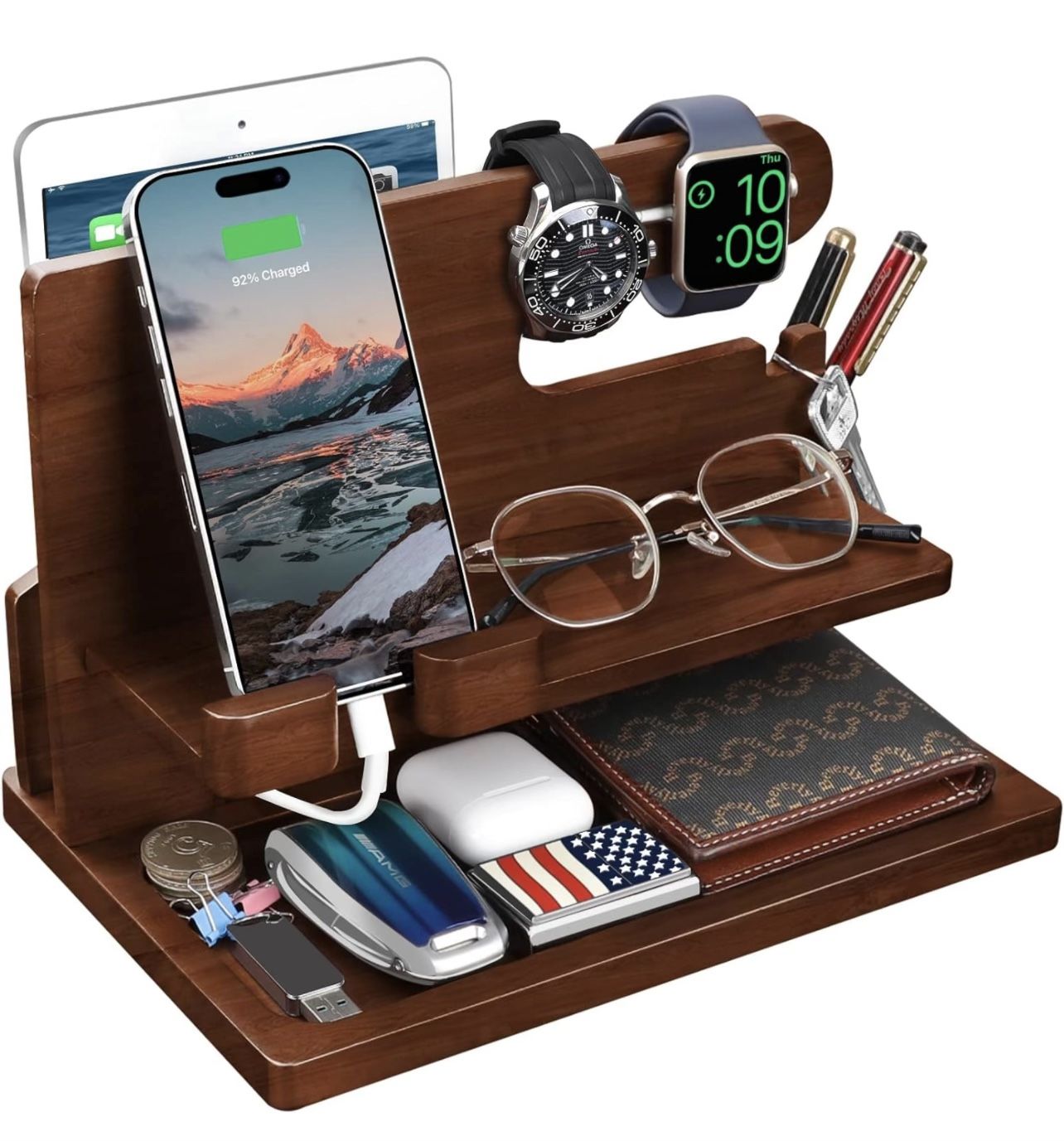 Wood Phone Docking Station Nightstand Organizer