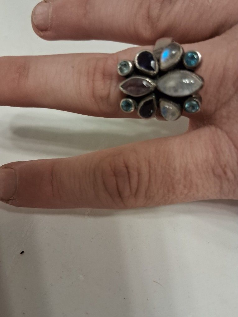 Real Silver Oupl And Purple And Green Stoned Ring 