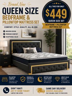 BIG SALE! BRAND NEW QUEEN SIZE BEDFRAME INCLUDES PILLOWTOP MATTRESS SET