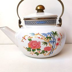 Vintage NORMANDY Enamel Metal Floral  Teapot Kettle