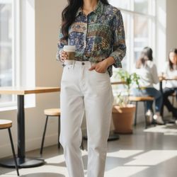 Vintage Agora Fairy Patchwork Sheer Mesh Floral Three-quarter Sleeve Button-down Blouse - Size US Women M