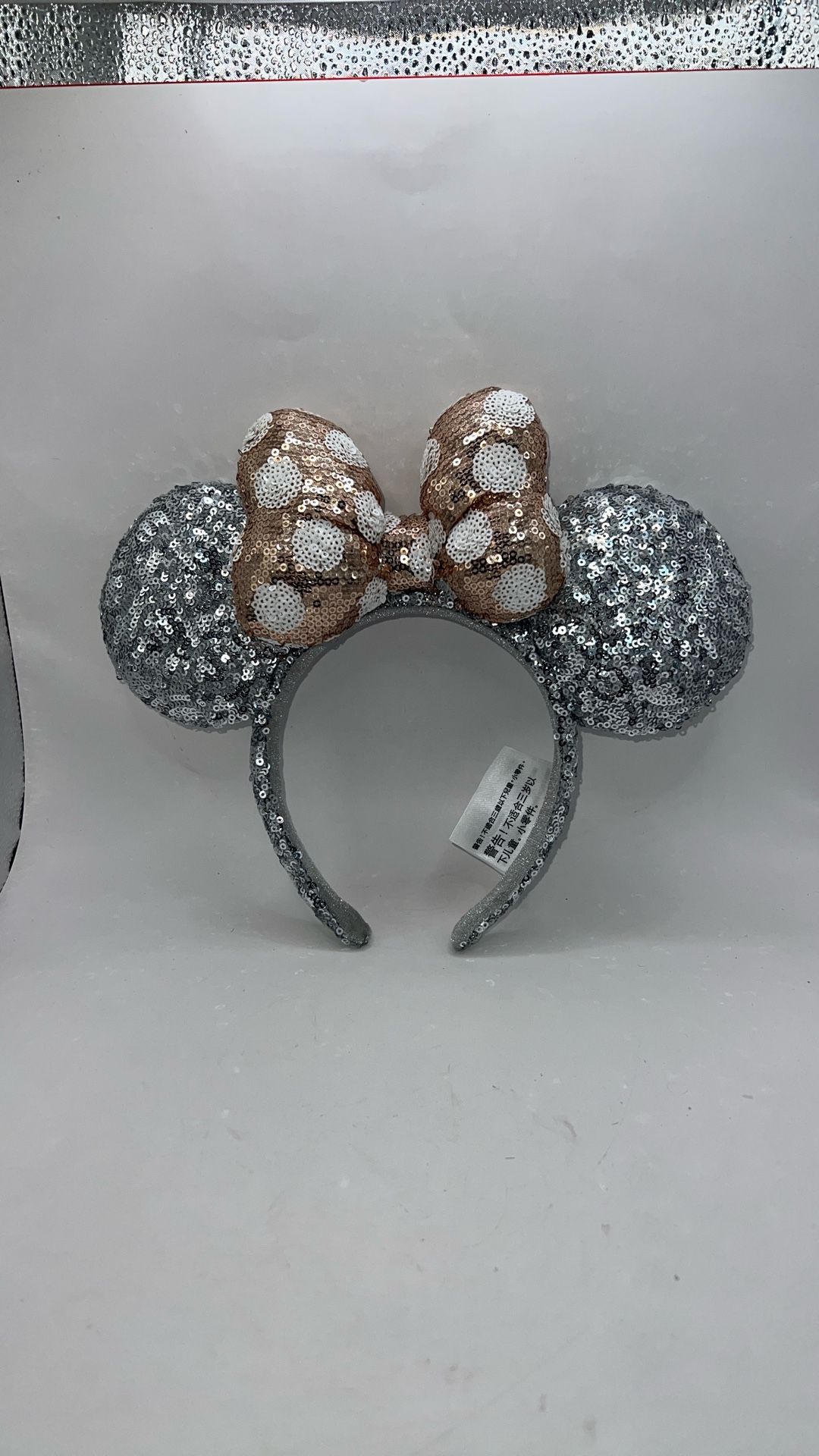Disney- Park Minnie Silver Sequins Gold Polka Dot Bow Mickey Headband Ears