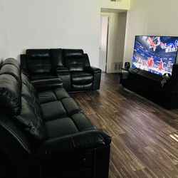 2 Piece Black LED Light Couch Set, 65’ Samsung TV, Black TV Stand Furniture, Speakers 