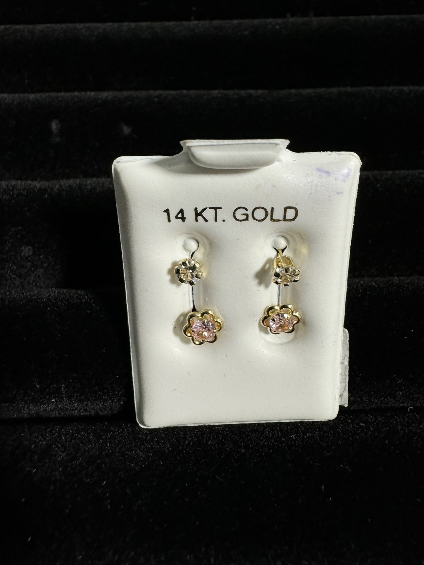 14 K Yellow Gold Pink Stone Baby Girl Stud Earrings