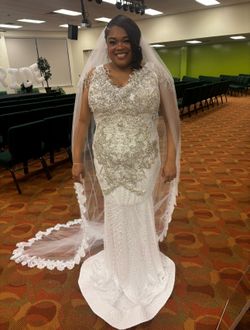 Ivory Lace Beaded V-Neck Cap Sleeve Mermaid Wedding Dress Train Zipper
