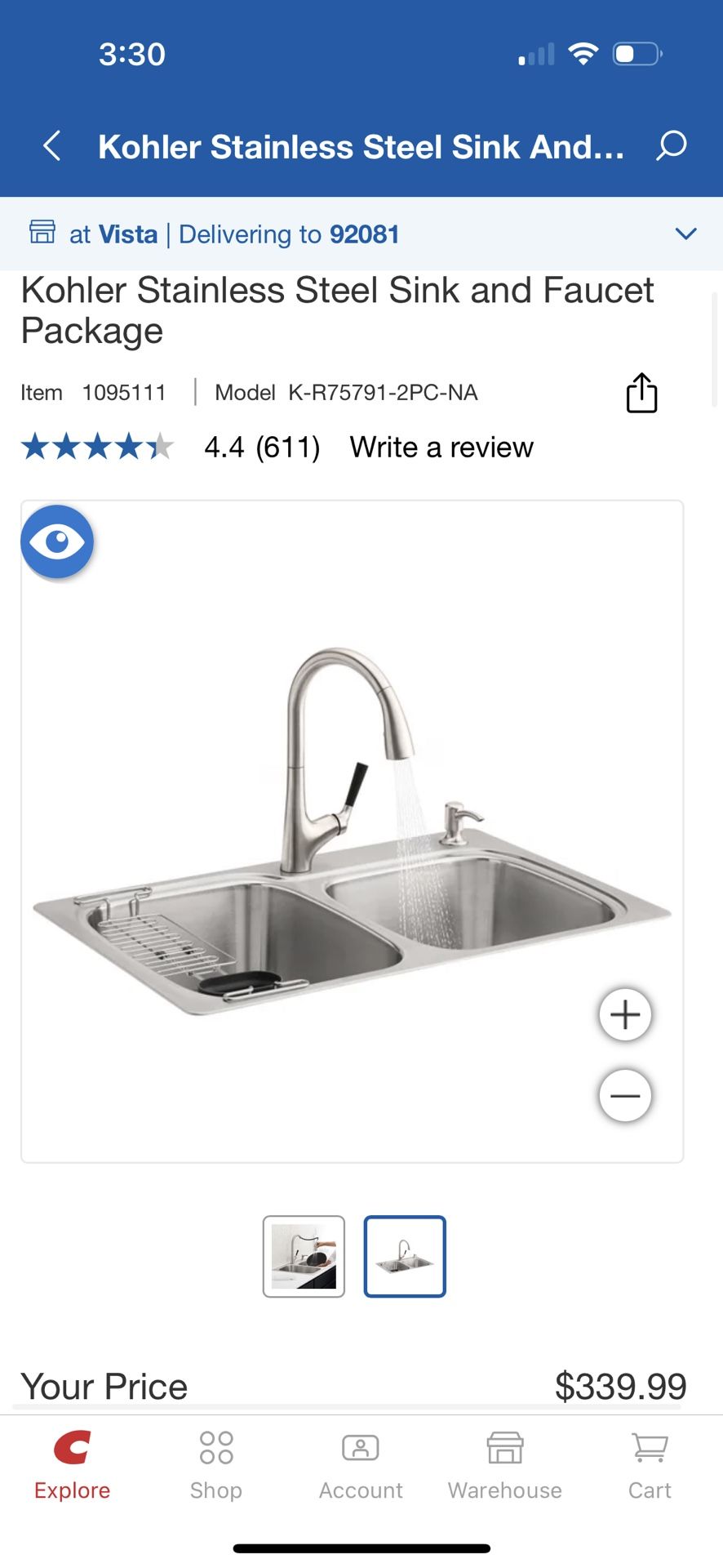 Kohler Stainless Steel Sink and Faucet Package