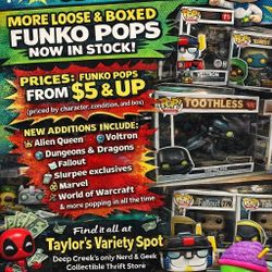 FUNKO FANS — NEW DROPS JUST LANDED.

We just added more loose and boxed Funko Pops to the shelves at Taylor’s Variety Spot, 