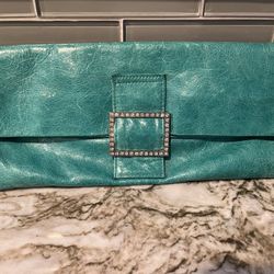 Turquoise Leather Clutch With Rhinestone Buckle