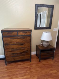 Dresser of drawers, night stand, lamp and mirror