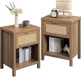 Night Stand Set 2 Rattan Nightstands with Drawer 19.7" Wide Boho Bedside Table with Storage Shelf Farmhouse End Side Table for Bedroom, Oak
