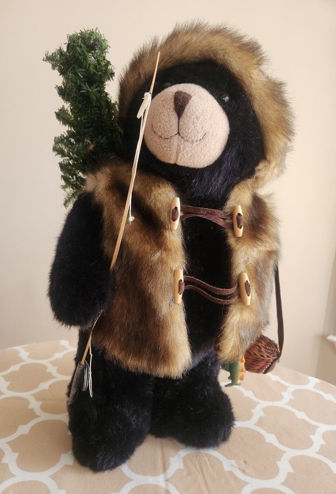 Creative Design Fisherman Artisan Black Bear Stuffed Animal - Tree, Hat, Fishing Pole, Fur Vest 19"