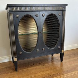  Vintage Hollywood Regency Black Gold Curio Bar Cabinet Glass Shelve Metal Mesh Accent Table Solid  Wood 