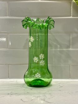 Antique Hand Painted Ruffle Edge Green Art Glass Vase