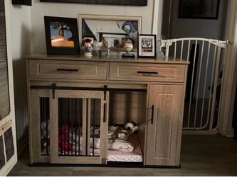 ''L Large Dog Crate Furniture with Storage Drawers, Cabinet, Sliding-Door