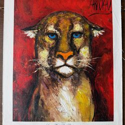 Vintage Lioness Canvas Art Print Arnau Red Background Animal Wall Decor Litho Spain 18.6x14.6