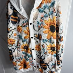 Women’s Fleece Hooded Jacket Bumble Bee Print White/Orange/Blue Sz Small