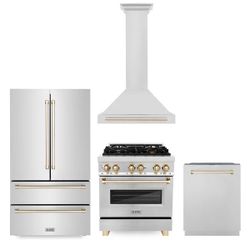 Zline - 4 Piece Kitchen Bundle: Refrigerator, Gas Range, Hood, And Dishwasher 