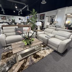 2 Pc Sofa And Loveseat Power Recliner With Adjustable Headrest Cup Holders And Bluetooth Charger 