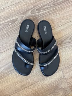 Michael Kors Black Leather Sandals with Silver Chain Details